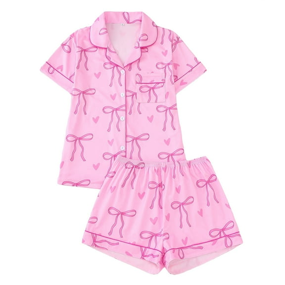 Womens Valentines Pajama Set Couple Date Short Sleeve Shirts And Shorts 2 Piece Button Down Loungewear Heart Festive Gifts Bow Print Valentines Date Night Outfits