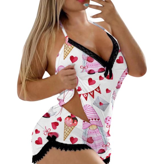 Womens Valentines Pajama Set Sleeveless 2 Piece Lace Heart Print Vest And Shorts V Neck Loungewear Love Couple Date Festive Gifts Valentines Sleepwear