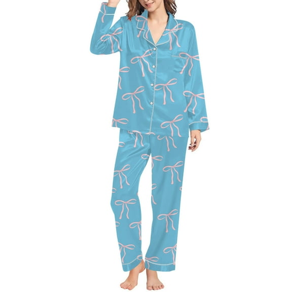 Womens Valentines Pajamas Set Casual Loose Cozy Cardigan Bow Print Collar Long Sleeve Button Up Loungewear Soft Two Piece Holiday Sleepwear With Pockets Sky Blue XL