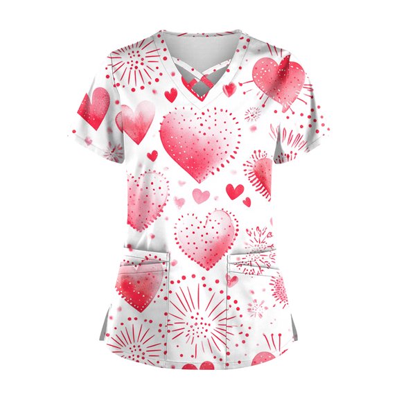 Womens Valentines Scrub Tops Casual Criss Cross V Neck Cute Valentine Love Printed Scrubs Hoilday Short Sleeve Scrub Shirts Nursing Uniform Medical Nurse Workwear with Pockets Pink M