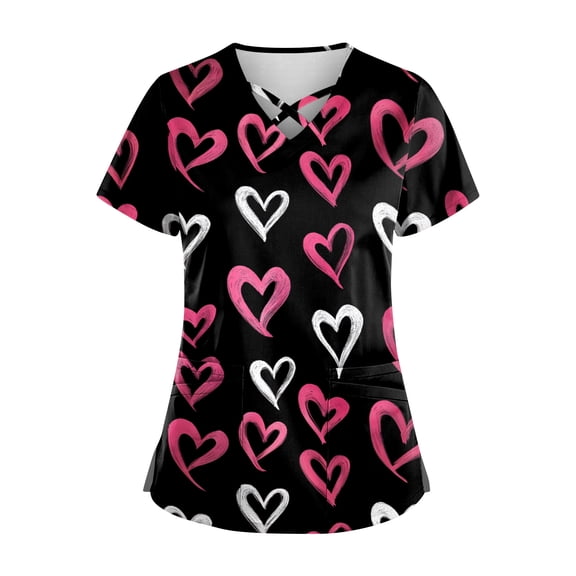 Womens Valentines Scrub Tops Casual Short Sleeve Cute Love Heart Printed Scrubs Loose Criss Cross V Neck Scrub Shirts Medical Nurse Uniform Nursing Workwear with Pockets Hot Pink M