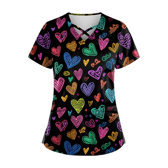 Womens Valentines Scrub Tops Hoilday Criss Cross V Neck Cute Valentine Love Printed Scrubs Loose Short Sleeve Scrub Shirts Nursing Workwear Medical Nurse Uniform with Pockets Black M