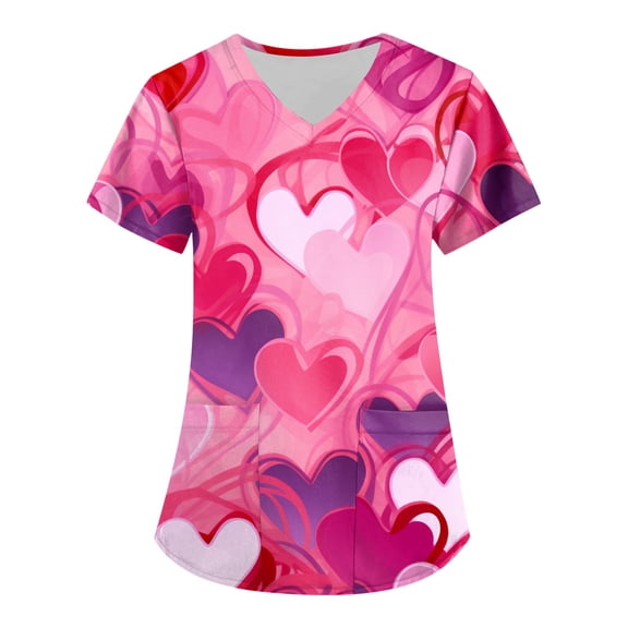 Womens Valentines Scrub Tops Hoilday V Neck Cute Love Heart Printed Scrub Shirts Casual Short Sleeve Scrubs Nursing Workwear Medical Nurse Uniform with Pockets Hot Pink 3XL
