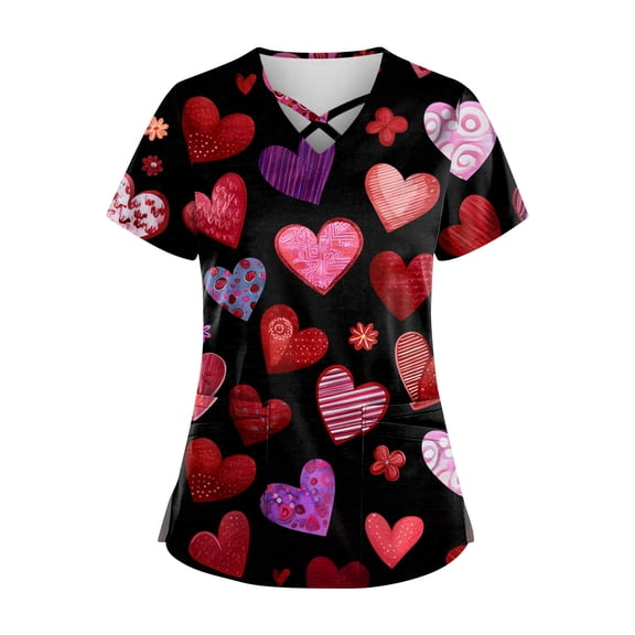 Womens Valentines Scrub Tops Loose Criss Cross V Neck Cute Valentine Love Printed Scrub Shirts Casual Short Sleeve Scrubs Nursing Uniform Medical Nurse Workwear with Pockets Red L