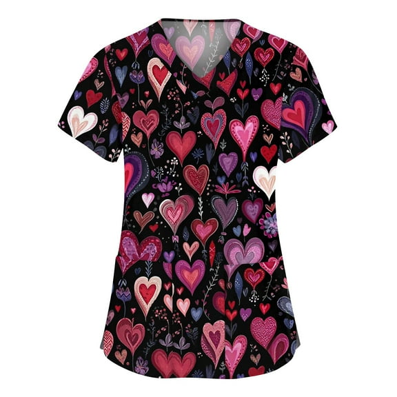 Womens Valentines Scrub Tops Loose Short Sleeve Cute Love Heart Printed Scrubs Casual V Neck Scrub Shirts Nursing Workwear Medical Nurse Uniform with Pockets Pink 2XL