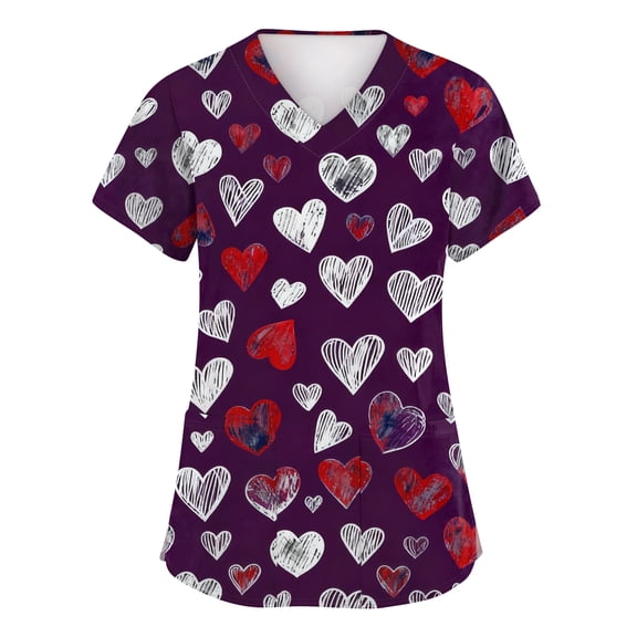 Womens Valentines Scrub Tops Plus Size Hoilday Short Sleeve Cute Valentine Love Printed Scrubs Loose V Neck Scrub Shirts Medical Nurse Workwear Nursing Uniform with Pockets Purple 3XL