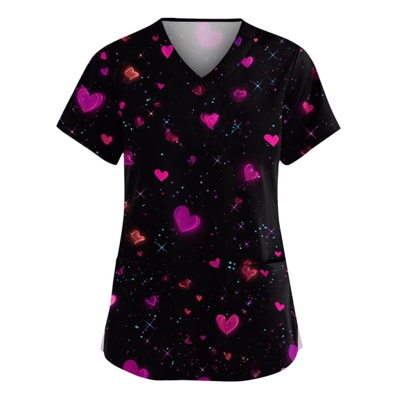 Womens Valentines Scrub Tops Plus Size Hoilday V Neck Cute Valentine Love Printed Scrubs Loose Short Sleeve Scrub Shirts Medical Nurse Uniform Nursing Workwear with Pockets Black 4XL
