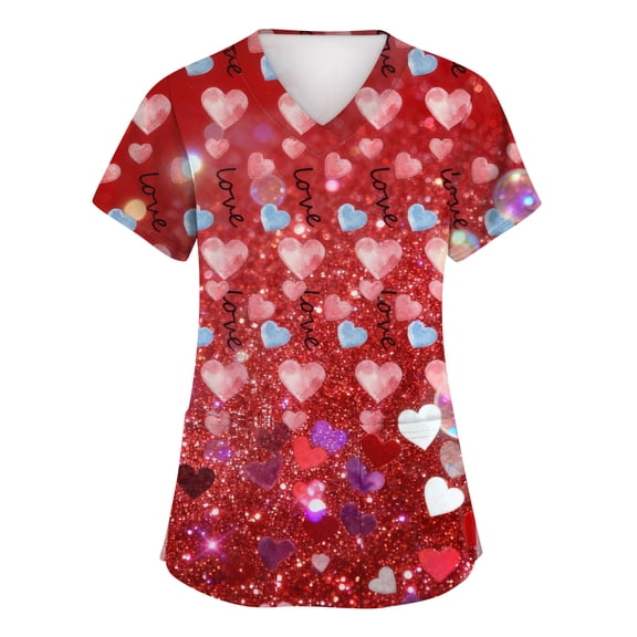 Womens Valentines Scrub Tops Plus Size Loose Short Sleeve Cute Valentine Love Printed Scrub Shirts Casual V Neck Scrubs Nursing Workwear Medical Nurse Uniform with Pockets Red M