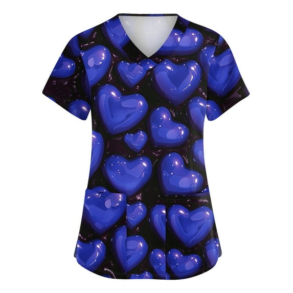 Womens Valentines Scrub Tops Plus Size Loose Short Sleeve Cute Valentine Love Printed Scrub Shirts Hoilday V Neck Scrubs Medical Nurse Uniform Nursing Workwear with Pockets Blue L