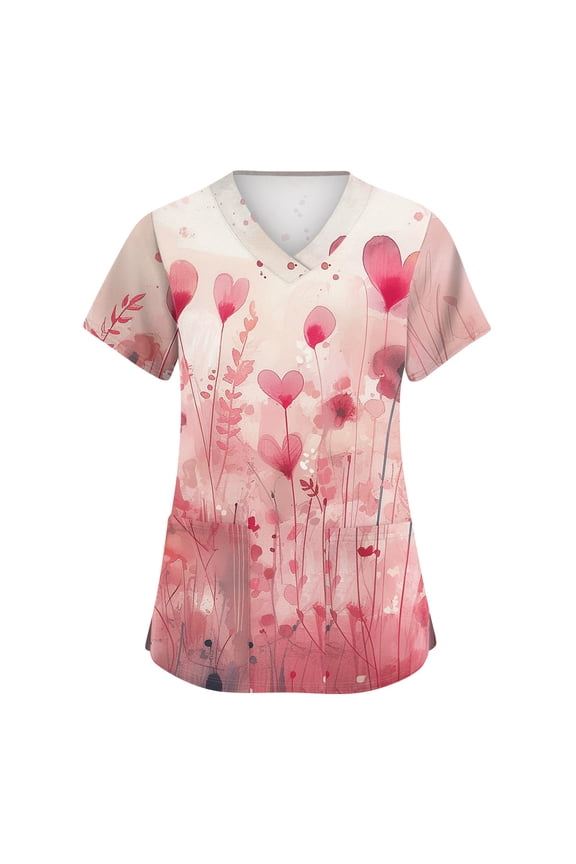 Womens Valentines Scrub Tops Plus Size Loose Short Sleeve Cute Valentine Love Printed Scrub Shirts Hoilday V Neck Scrubs Medical Nurse Workwear Nursing Uniform with Pockets Pink XL