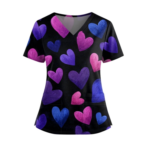 Womens Valentines Scrub Tops Plus Size Loose V Neck Cute Love Heart Printed Scrub Shirts Casual Short Sleeve Scrubs Nursing Workwear Medical Nurse Uniform with Pockets Blue XL