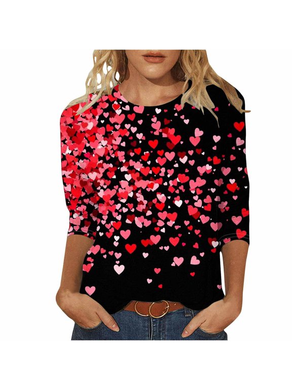 Womens Valentines Shirt Love Heart Print 2026 Trendy Tunic Top Plus Size 3/4 Sleeve Vintage Casual Blouse