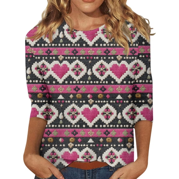 Womens Valentines Shirts Casual 3/4 Sleeve Tunic Tops Funny Valentine Love Printed T-Shirts Loose Crew Neck Pullover Holiday Three Quarter Length Blouses Watermelon Red S