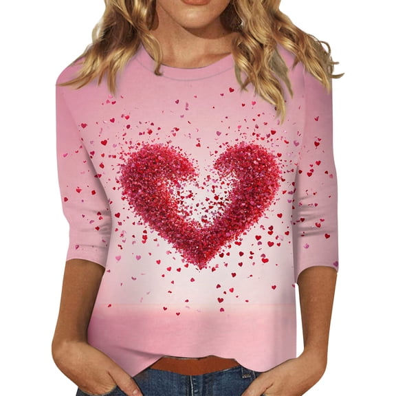 Womens Valentines Shirts Holiday 3/4 Sleeve T-Shirts Funny Love Heart Printed Tunic Tops Loose Crew Neck Pullover Casual Three Quarter Length Blouses Hot Pink L