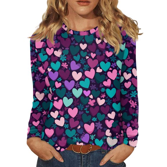 Womens Valentines Shirts Holiday Long Sleeve T-Shirts Cute Valentine Love Printed Tunic Tops Loose Crew Neck Blouses Casual Pullover Dark Purple XL