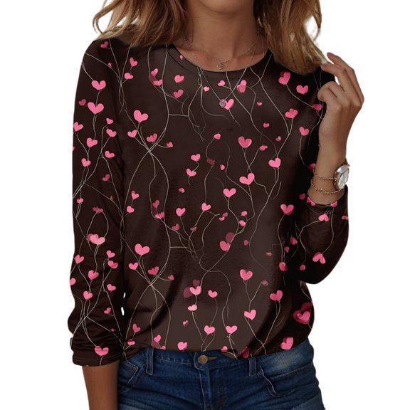 Womens Valentines Shirts Holiday Long Sleeve Tunic Tops Funny Love Hearts Graphic T-Shirts Loose Crew Neck Pullover Casual Blouses Wine L