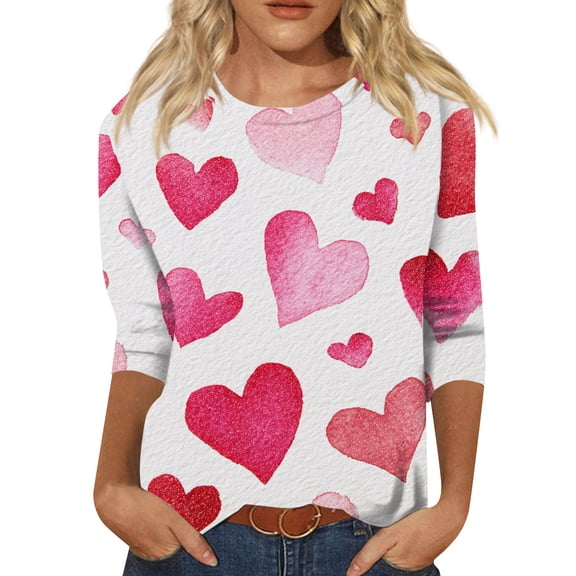 Womens Valentines Shirts Loose 3/4 Sleeve T-Shirts Cute Love Heart Printed Tunic Tops Holiday Crew Neck Pullover Casual Three Quarter Length Blouses White 3XL