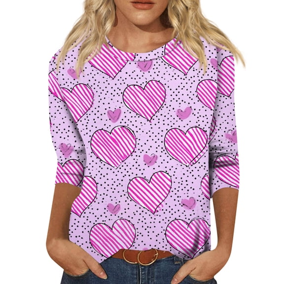 Womens Valentines Shirts Loose 3/4 Sleeve T-Shirts Cute Love Hearts Graphic Tunic Tops Holiday Three Quarter Length Blouses Casual Crew Neck Pullover Deep Red S