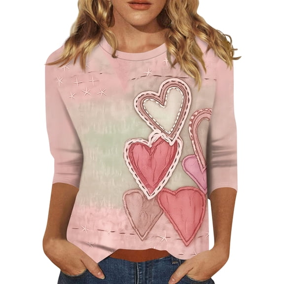 Womens Valentines Shirts Loose 3/4 Sleeve Tunic Tops Cute Valentine Love Printed T-Shirts Holiday Crew Neck Blouses Casual Three Quarter Length Pullover Light pink XL
