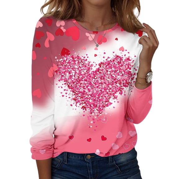 Womens Valentines Shirts Loose Long Sleeve Tunic Tops Cute Love Heart Printed T-Shirts Casual Crew Neck Blouses Holiday Pullover Hot Pink 2XL