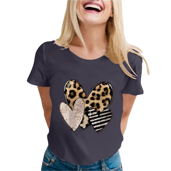 Womens Valentines Shirts Love Heart Printed Graphic Short Sleeve Crew Neck Tops Casual Valentines Couple Gift Loose Basic Tees
