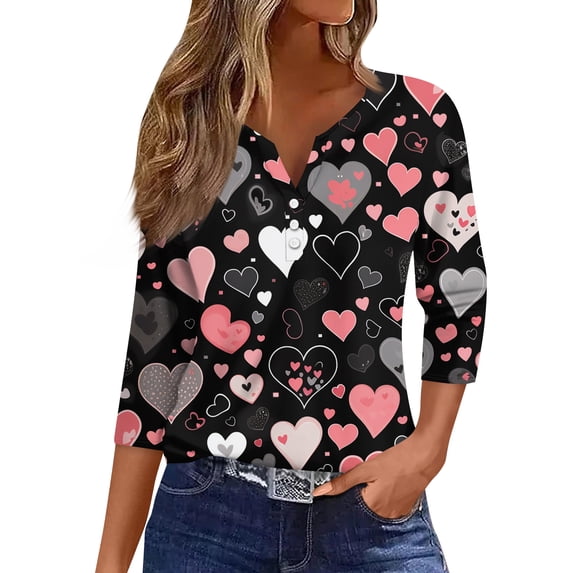 Womens Valentines Shirts Plus Size Holiday Button V Neck Tunic Tops Funny Love Heart Printed T-Shirts Casual 3/4 Sleeve Blouses Loose Three Quarter Length Pullover Black S