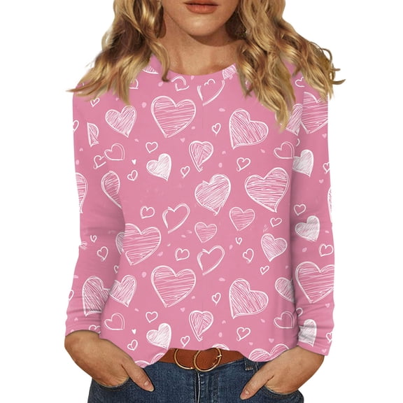 Womens Valentines Shirts Plus Size Holiday Long Sleeve T-Shirts Cute Love Heart Printed Tunic Tops Loose Crew Neck Blouses Casual Pullover Pink L