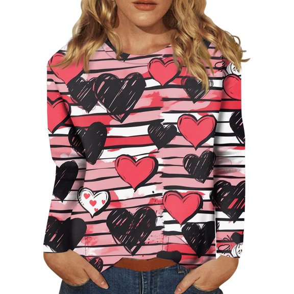 Womens Valentines Shirts Plus Size Holiday Long Sleeve Tunic Tops Funny Love Hearts Graphic T-Shirts Loose Crew Neck Pullover Casual Blouses Black M