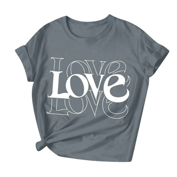 Womens Valentines Short Sleeve Tshirt Cute Crew Neck Graphic Tees Love Heart Casual Romantic Valentine Tee Tops, L Gray