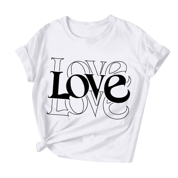Womens Valentines Short Sleeve Tshirt Cute Crew Neck Graphic Tees Love Heart Casual Romantic Valentine Tee Tops, S White