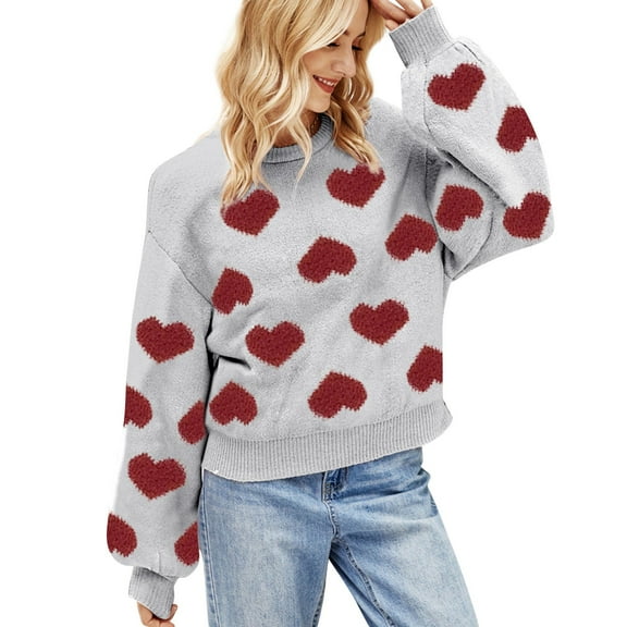 Womens Valentines Sweater Delicate Heart Print Crewneck Knit Sweater Ultra Soft Long Sleeve Pullover Smooth Feel Jumper Top Grey XL