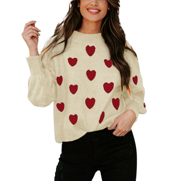 Womens Valentines Sweater Plus Size Comfort Heart Print Crewneck Sweater Oversized Knit Long Sleeve Pullover Top Beige M