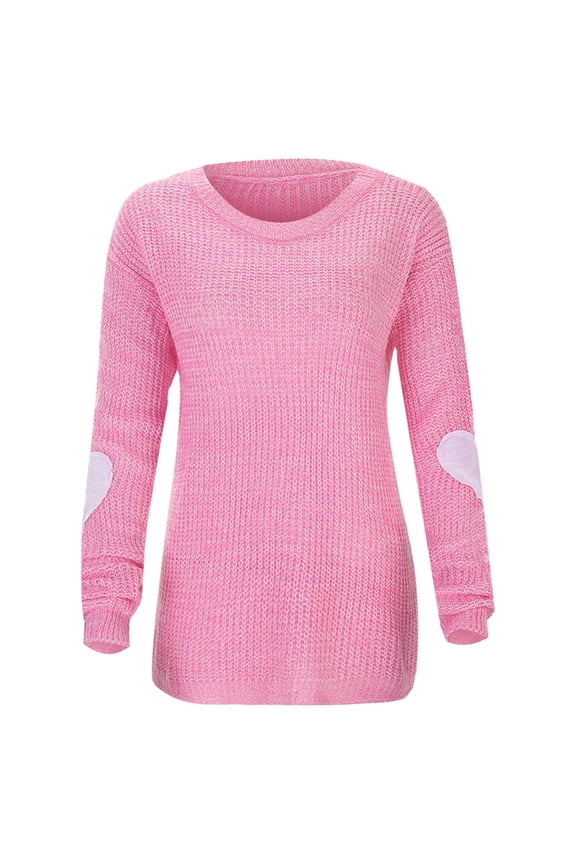Womens Valentines Sweater Solid Color Crewneck Knit Sweater Heart Elbow Patches Long Sleeve Soft Pullover Jumper Top Fall Winter Pink M