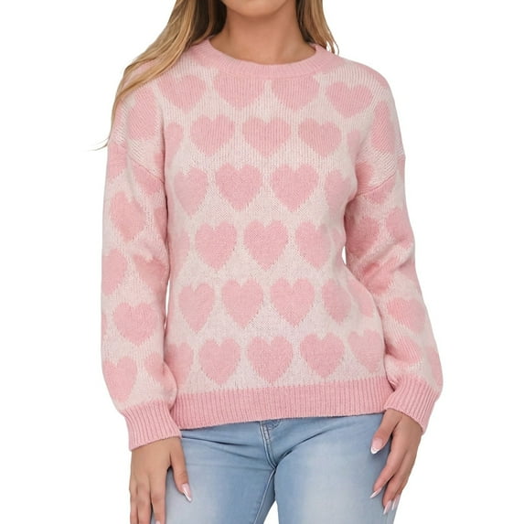 Womens Valentines Sweater Sweet Heart Crewneck Knit Sweater Long Sleeve Cute Jacquard Pullover Top Winter Pink L