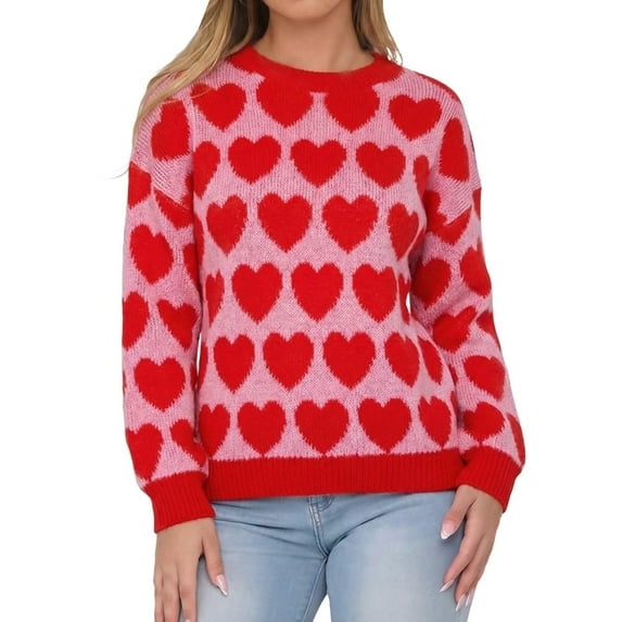Womens Valentines Sweater Sweet Heart Crewneck Knit Sweater Long Sleeve Cute Jacquard Pullover Top Winter Red M