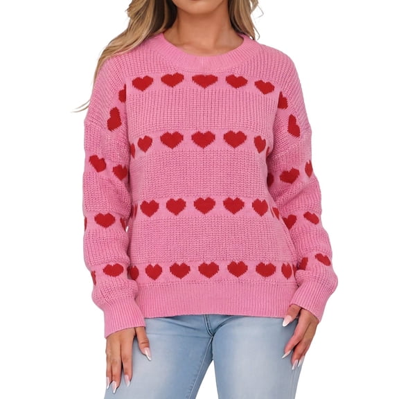 Womens Valentines Sweater Sweet Two Tone Heart Jacquard Crewneck Knit Sweater Long Sleeve Pullover Cute Feminine Top Pink M