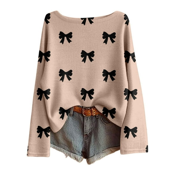 Womens Valentines Sweater with Hearts Print Loose Knit Pullover Long Sleeve Round Neck Casual Blouse
