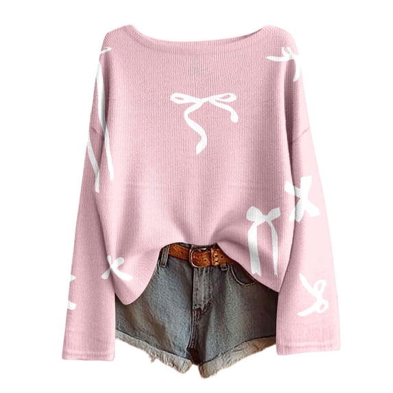 Womens Valentines Sweaters Bow Print Soft Knit Oversized Sweater Crewneck Long Sleeve Pullover Top Spring