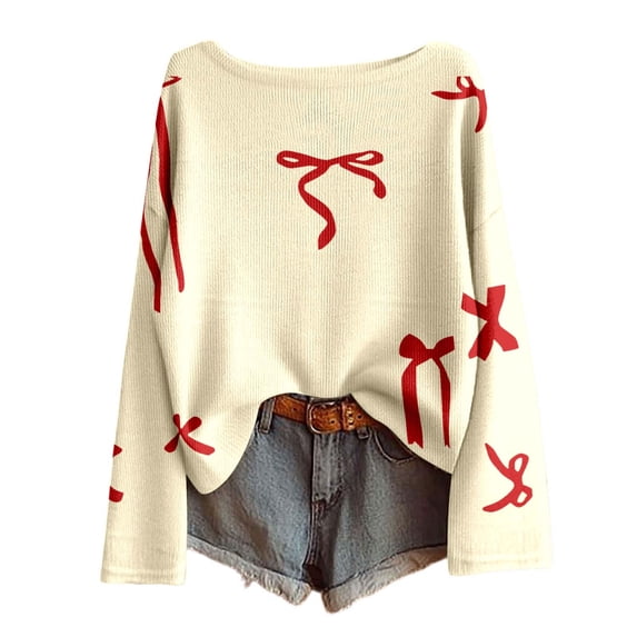 Womens Valentines Sweaters Bow Print Soft Knit Oversized Sweater Crewneck Long Sleeve Pullover Top Spring