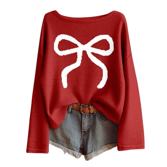 Womens Valentines Sweaters Bow Print Soft Knit Oversized Sweater Crewneck Long Sleeve Pullover Top Spring
