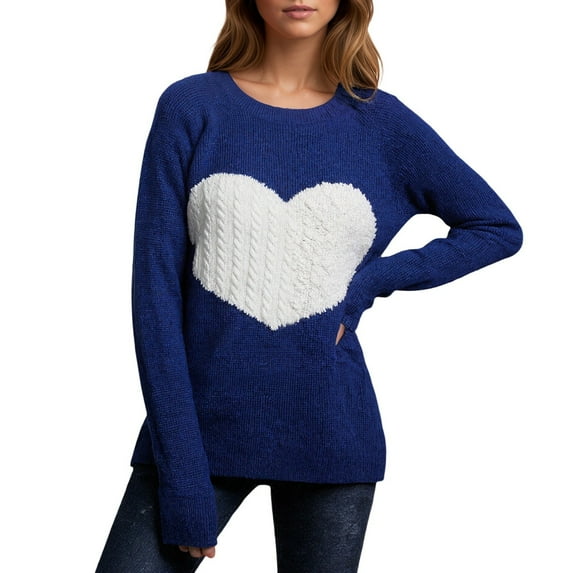 Womens Valentines Sweaters Generously Sized Heart Print Crewneck Sweater Long Sleeve Loose Knit Pullover Top Navy L