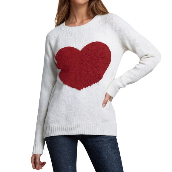 Womens Valentines Sweaters Generously Sized Heart Print Crewneck Sweater Long Sleeve Loose Knit Pullover Top White L