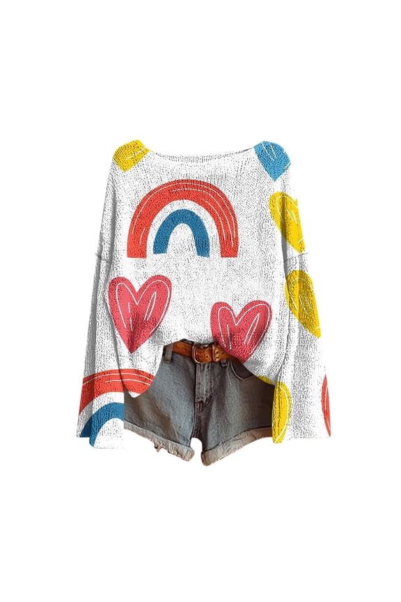Womens Valentines Sweaters Heart Print Crewneck Long Sleeve Ribbed Boucle Knit Pullover Sweater White XL