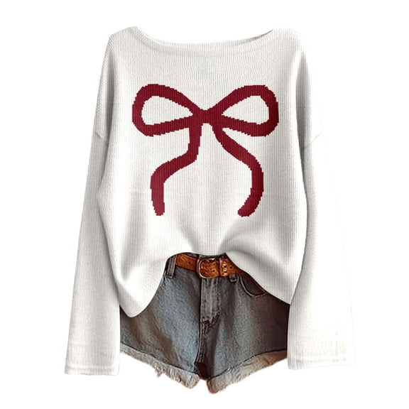 Womens Valentines Sweaters Heart Print Oversized Sweater Soft Crewneck Knit Pullover Long Sleeve Lightweight Top Spring Fall White M