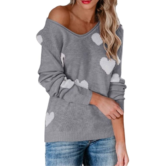 Womens Valentines Sweaters Oversized Heart Print Crewneck Sweater Big & Tall Soft Knit Long Sleeve Pullover Jumper Top Grey M