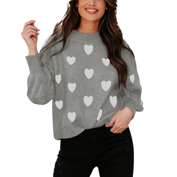 Womens Valentines Sweaters Plus Size Comfort Heart Print Crewneck Sweater Oversized Knit Long Sleeve Pullover Top Grey M