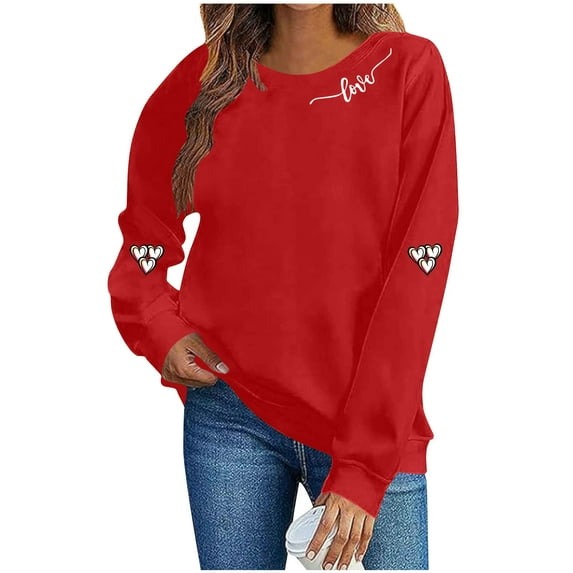 Womens Valentines Sweatshirt Love Print Heartbeat Shirt Solid Color Crew Neck Sweatshirt Casual Long Sleeve Tops Valentines Shirts for Women