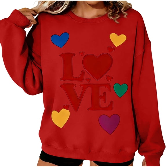 Womens Valentines Sweatshirt Oversized Long Sleeve Heart Love Shirts Crewneck Cute Pullover Sweater Tops, 2XL Red