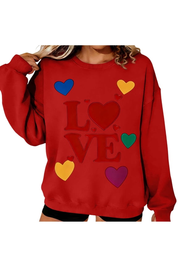 Womens Valentines Sweatshirt Oversized Long Sleeve Heart Love Shirts Crewneck Cute Pullover Sweater Tops, 2XL Red