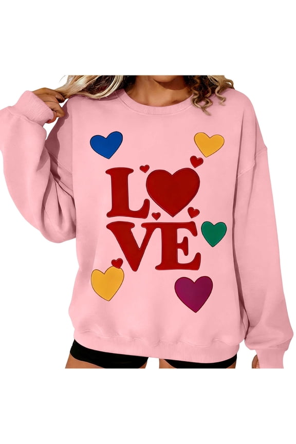 Womens Valentines Sweatshirt Oversized Long Sleeve Heart Love Shirts Crewneck Cute Pullover Sweater Tops, S Pink